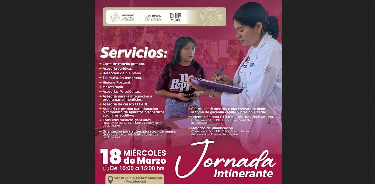 Jornada de salud gratuita llegará a comunidades de Atlixco
