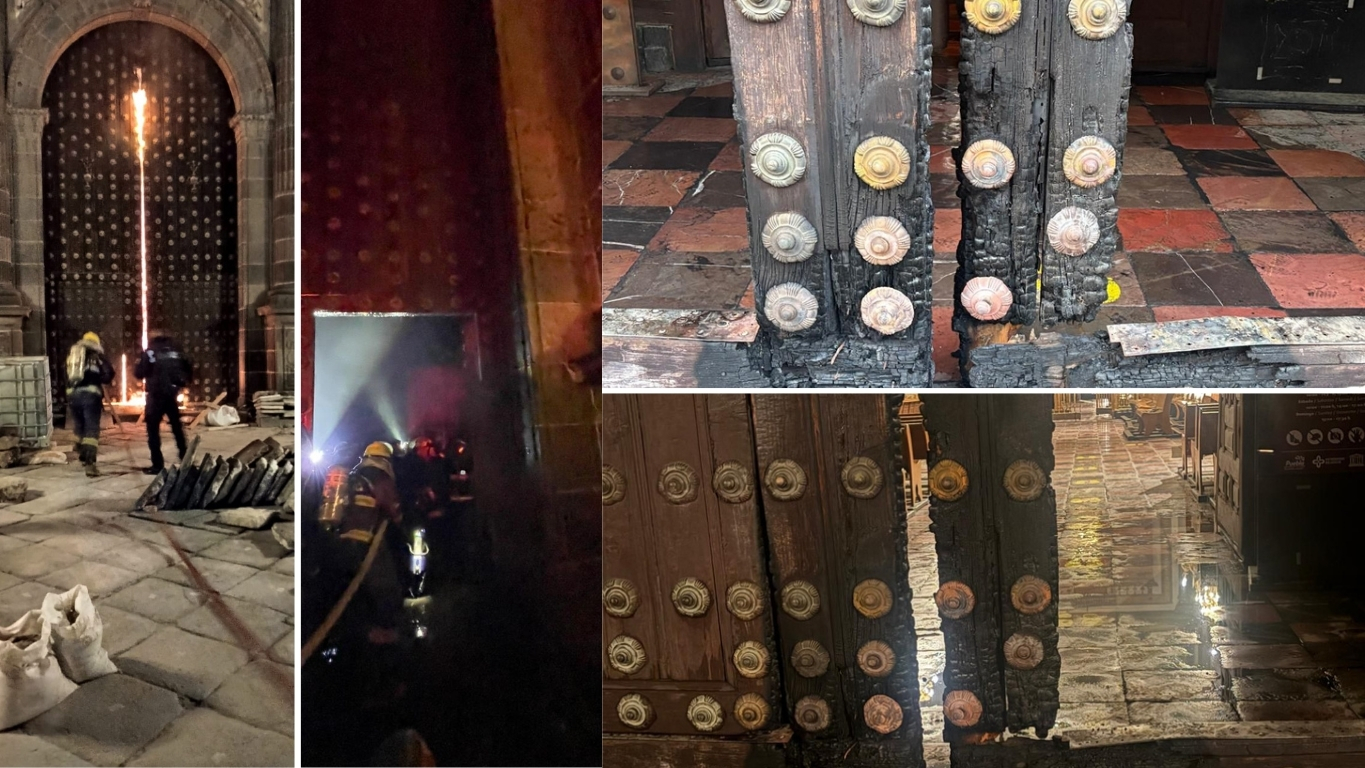 Inician restauración del portón norte de la Catedral de Puebla tras incendio