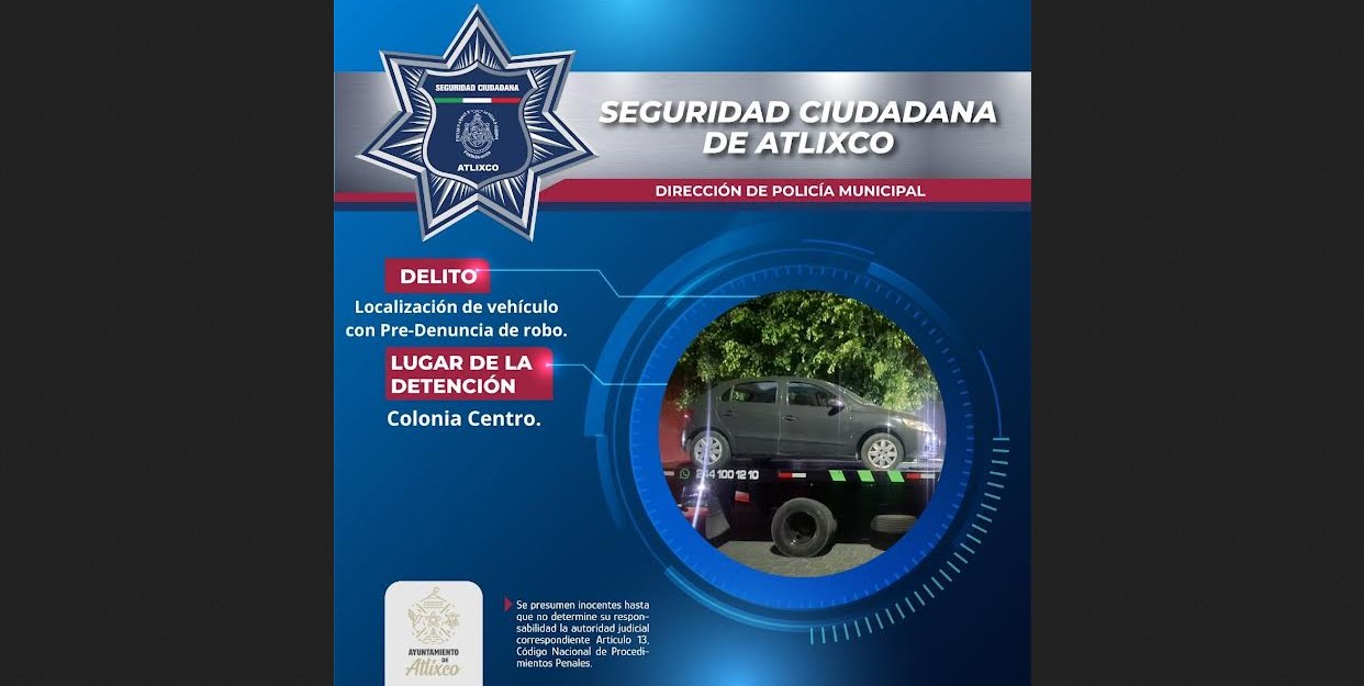 SSC de Atlixco localiza vehículo con predenuncia de robo