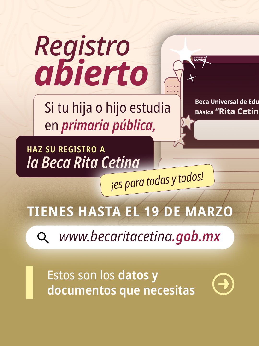 Beca Rita Cetina abre registro en Tlaxcala: 2,500 pesos por alumno en primaria