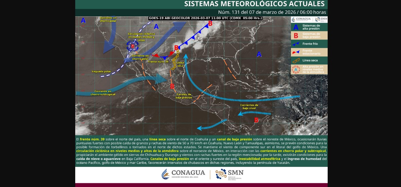 Frente frío 39 activa lluvias fuertes, vientos peligrosos y calor extremo en México
