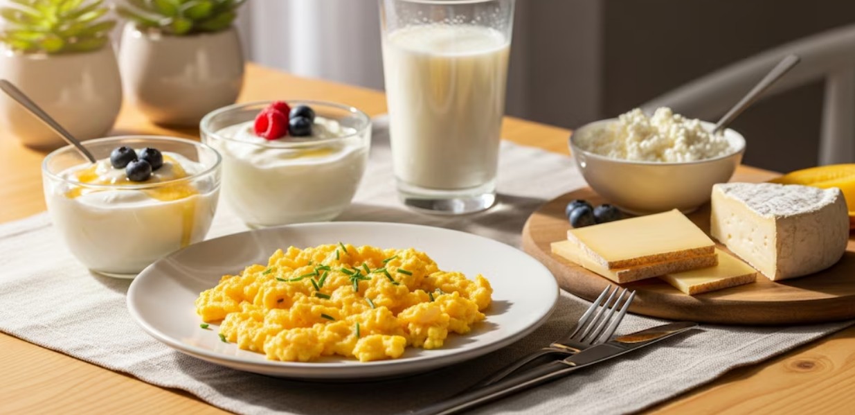 Plato con huevos cocidos y verduras frescas.