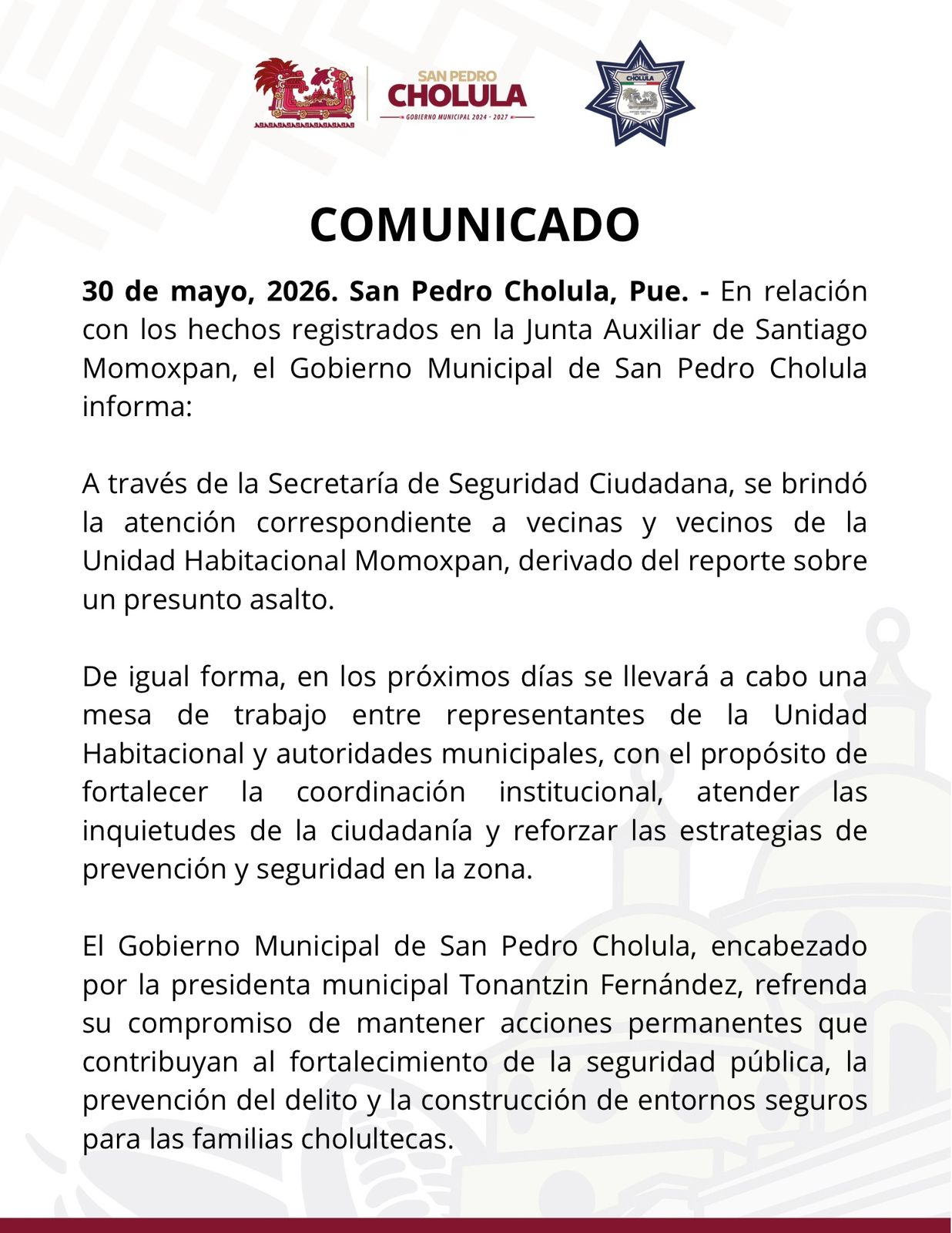 COMUNICADO- Refuerzan seguridad Momoxpan
