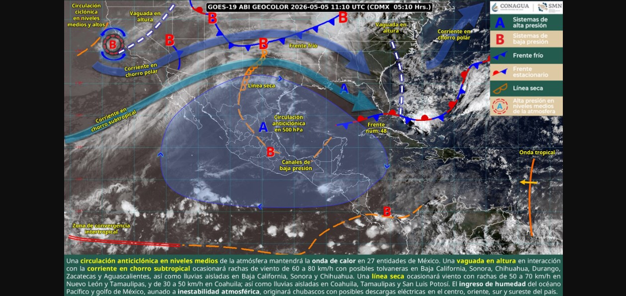 Mapa del clima en México con lluvias y altas temperaturas
