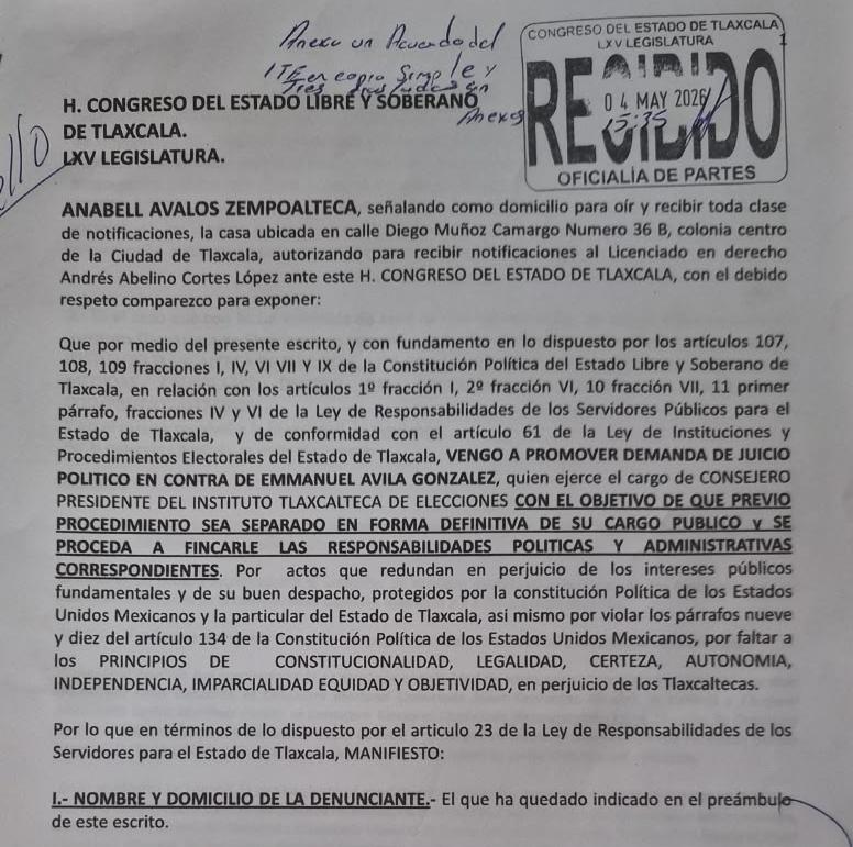 PRI impulsa juicio político contra titular del ITE en Tlaxcala por presunta parcialidad electoral