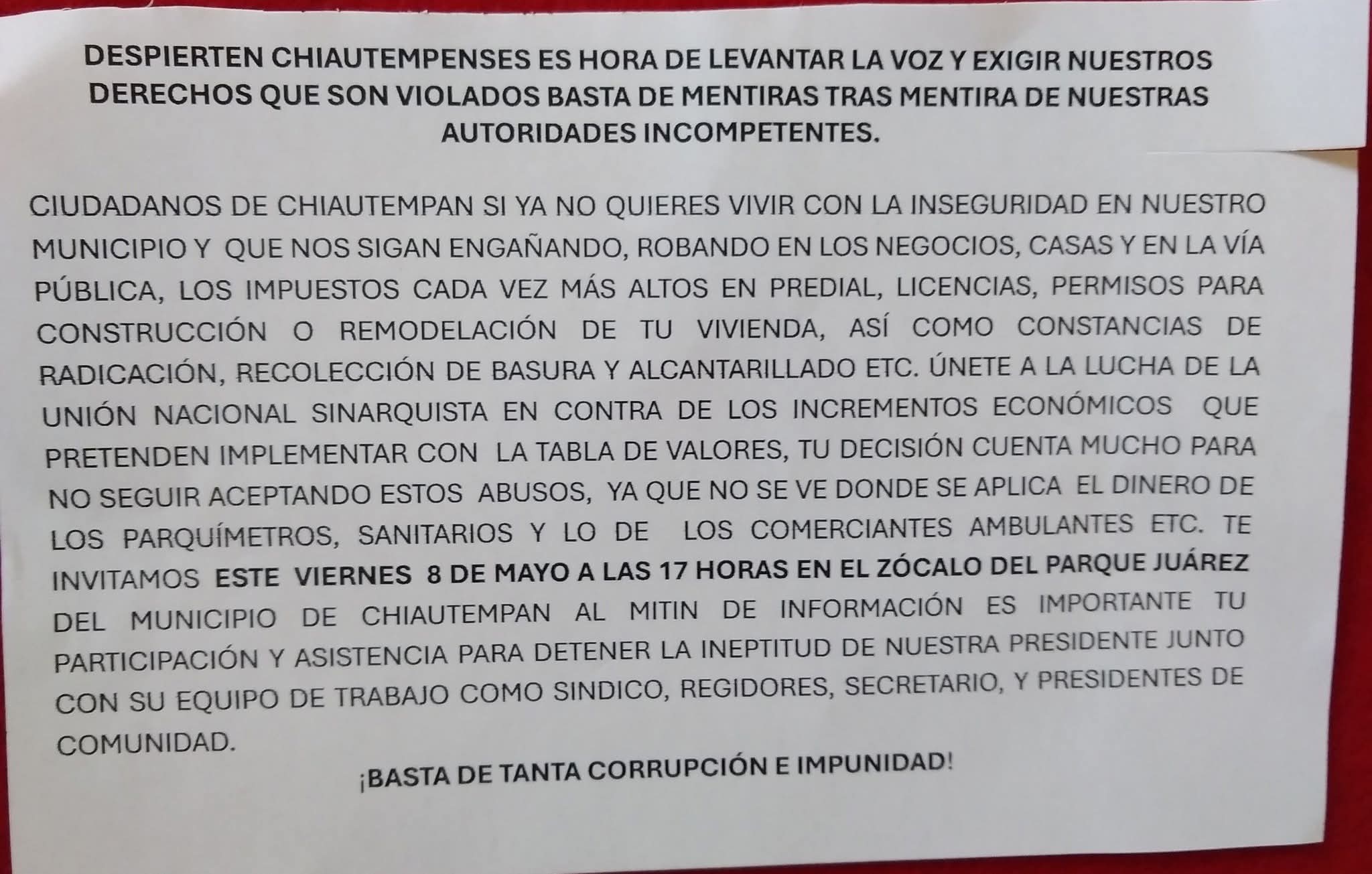 Convocan a mitin contra la inseguridad y alza de impuestos en Chiautempan