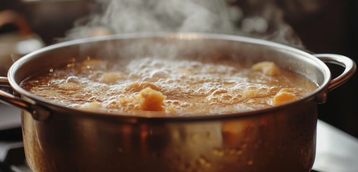 Tazón de caldo de huesos caliente sobre una mesa