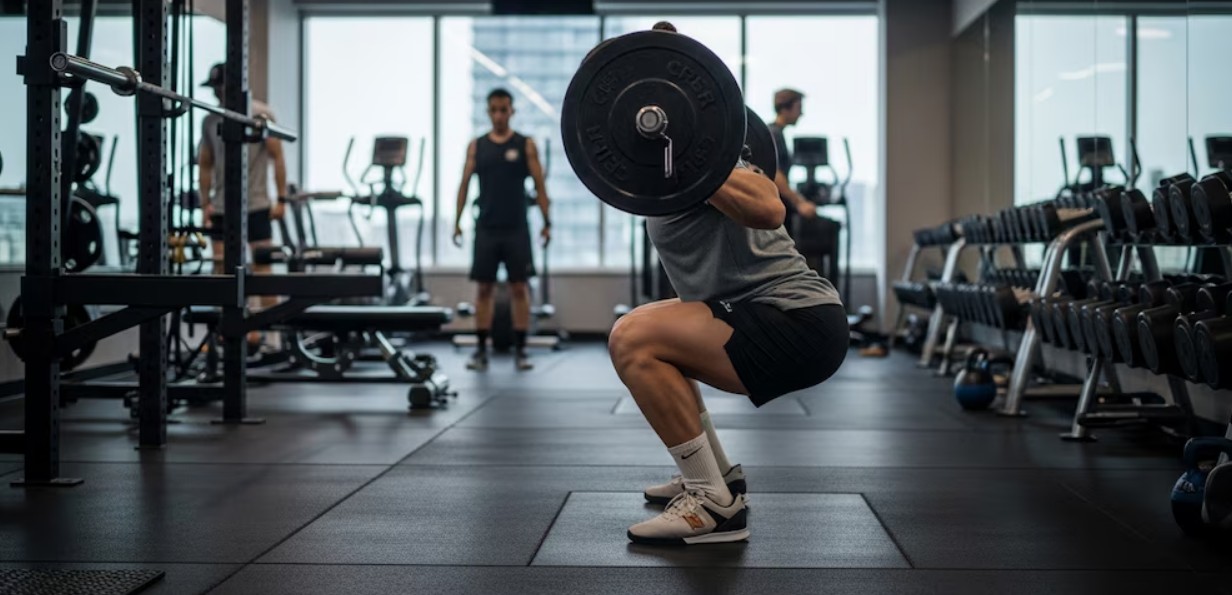 Persona entrenando con mancuernas en un gimnasio