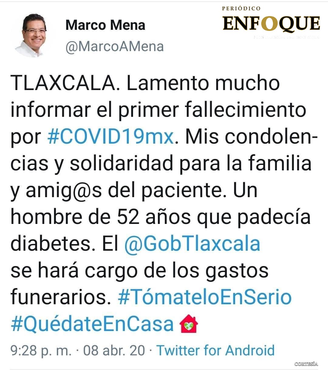 Informa Marco Mena primer fallecimiento por Covid 19 en Tlaxcala