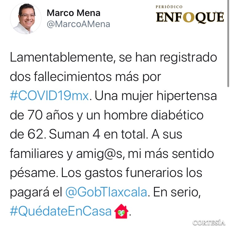 Asciende a 4 los fallecidos por Covid 19 en Tlaxcala