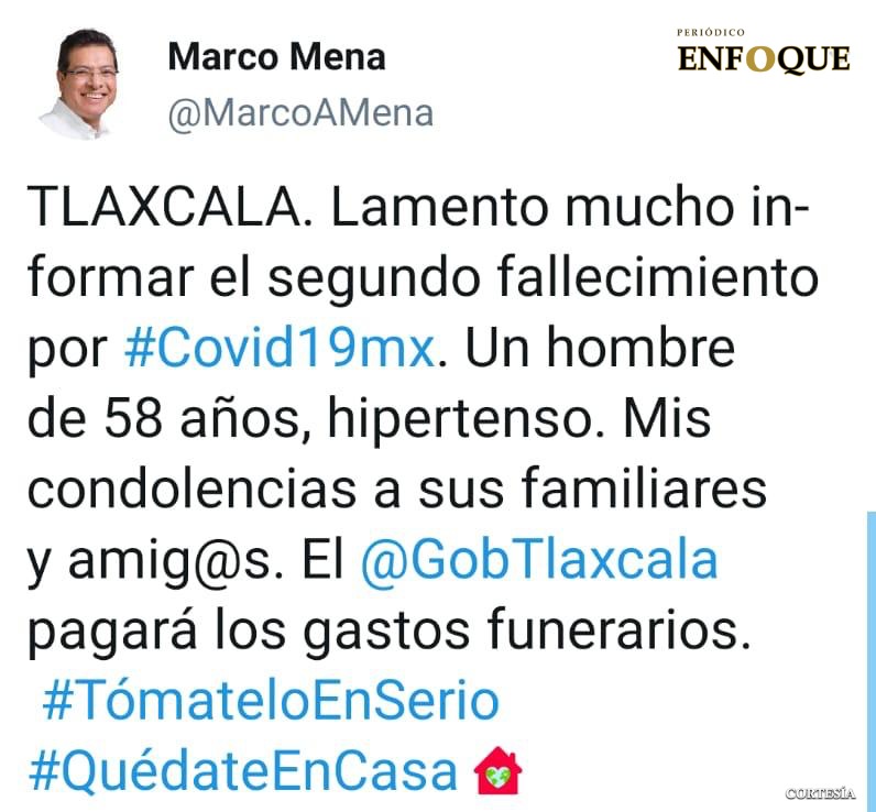 Fallece segundo tlaxcalteca por Covid-19