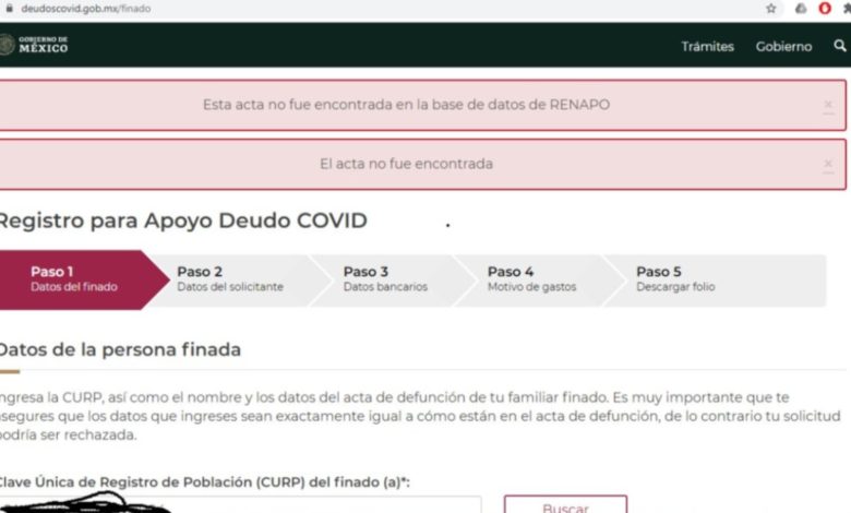 Plataforma de apoyos a deudos COVID presenta fallas en su primer día de operación