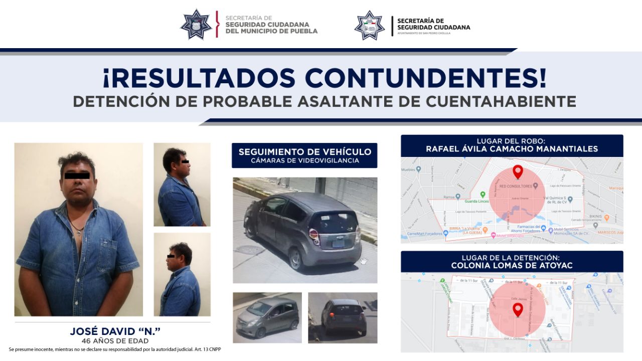 En acción conjunta, detuvieron policías municipales de Puebla y San Pedro Cholula a probable asaltante de cuantahabiente