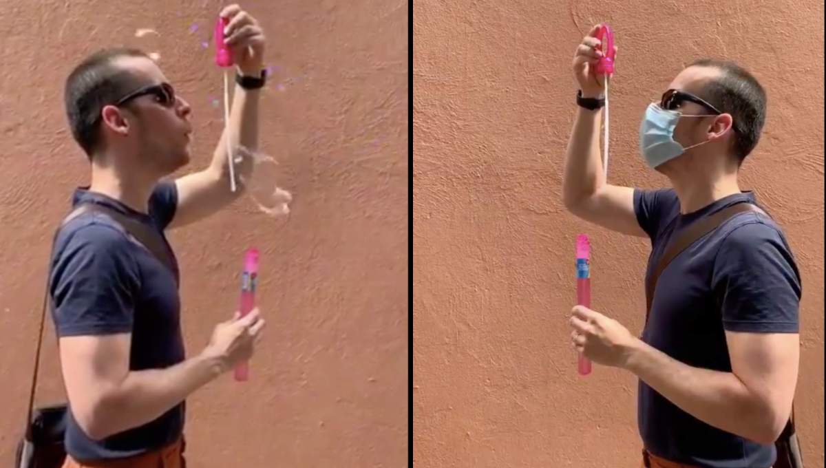 “Soplaré y soplaré”; Investigador de la UNAM demuestra importancia del cubrebocas con burbujas