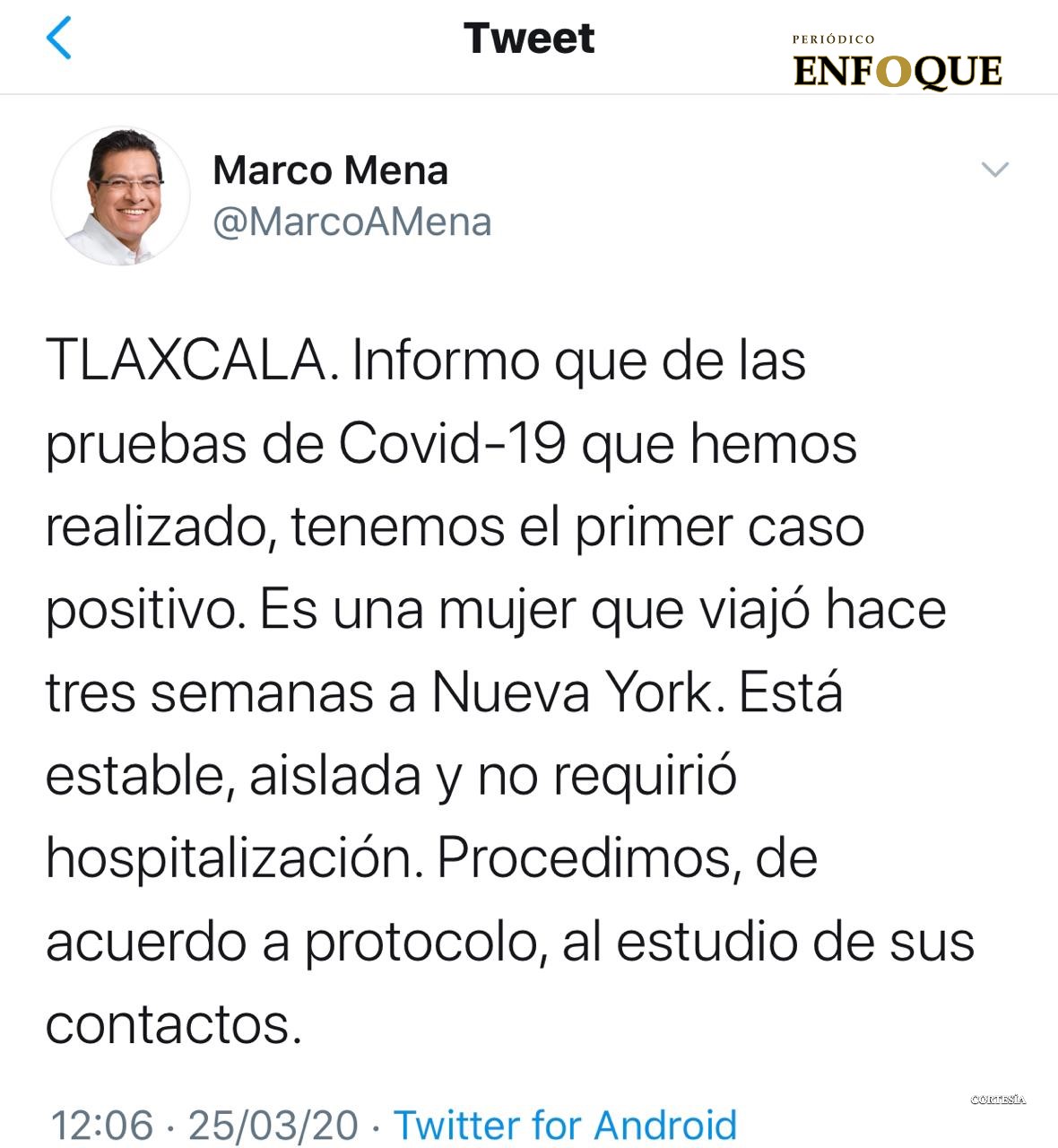 Primer caso positivo de Covid 19 es oficial en Tlaxcala  