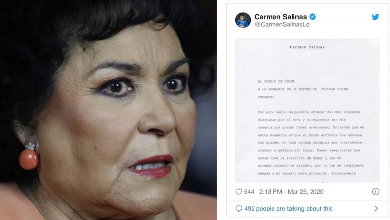 Obligan a Carmen Salinas a enviar disculpa a China por ofensas al pueblo chino