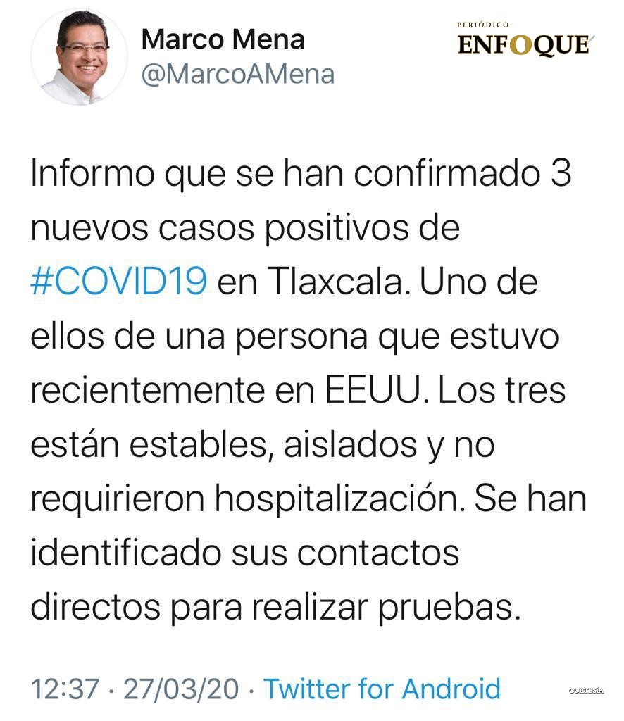 Confirman tres casos más de Covid 19 en Tlaxcala  