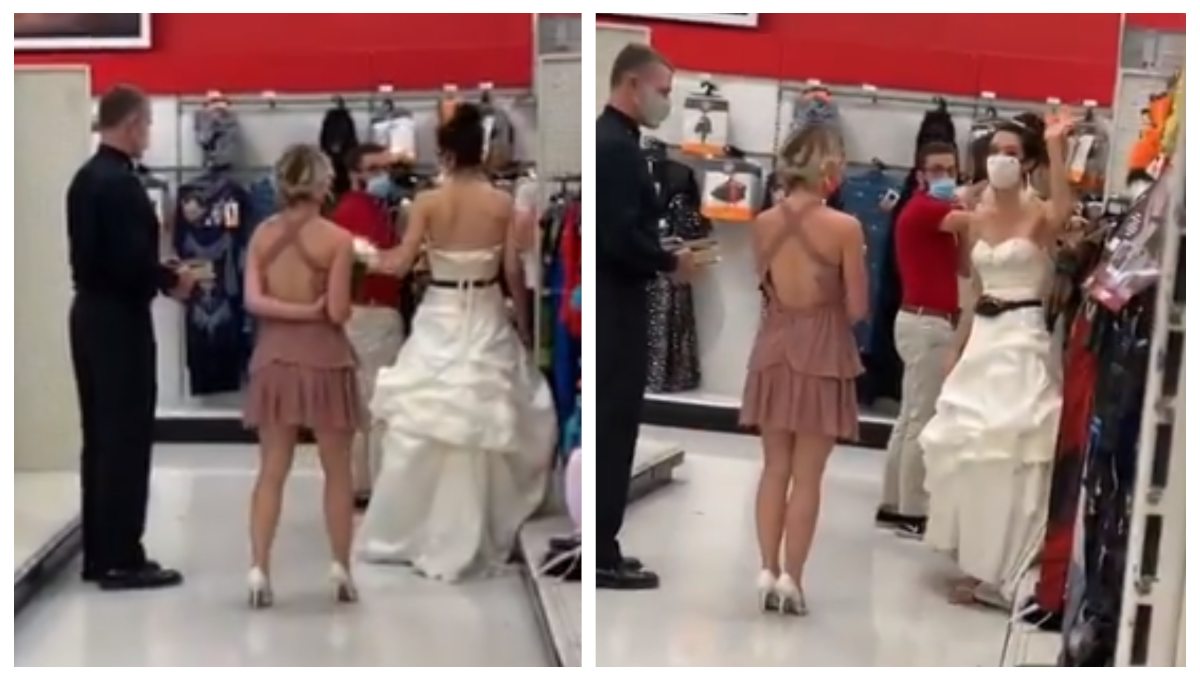 ¡Boda estilo 2020! Con vestido y sacerdote, mujer llega al trabajo de su pareja para casarse