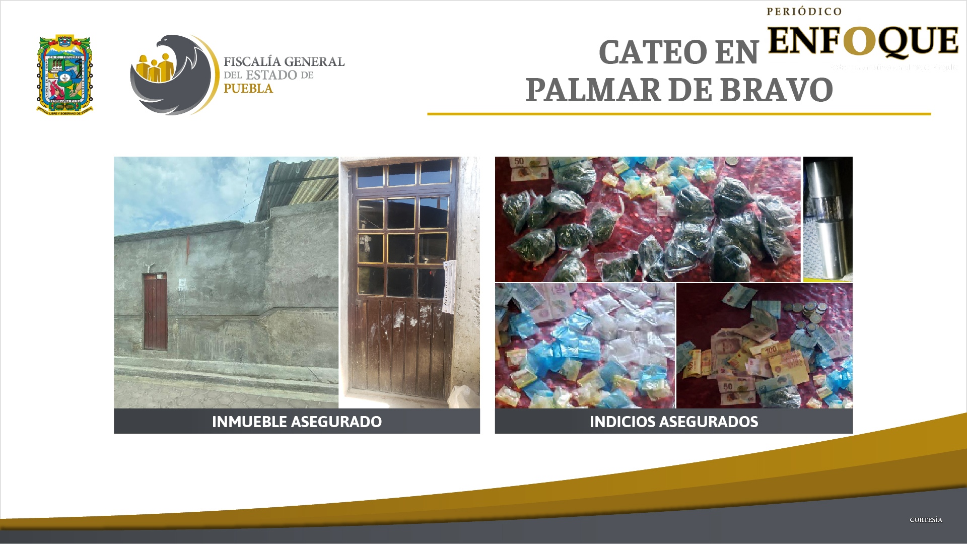 Resultado de labores de investigación por delitos contra la salud, la Fiscalía General del Estado de Puebla llevó a cabo un cateo donde logró la detención de dos hombres y el aseguramiento de droga.   Con previa autorización judicial, el 31 de diciembre de 2020 elementos de la Agencia Estatal de Investigación desahogaron diligencia de cateo en un inmueble ubicado en el municipio de Palmar de Bravo.   En el lugar se aseguraron: 90 bolsas de plástico con piedras transparentes de al parecer cristal, 22 bolsas de plástico que contienen hierba verde con características de la marihuana, 1,000 pesos en efectivo, una credencial de elector y un objeto cilíndrico metálico con fragmentos de hierba seca.   En el sitio se logró la detención de José Abraham N. de 22 años de edad y Julio César N. de 40 años, puestos a disposición del Agente del Ministerio Público.    El 4 de enero de 2021 la Fiscalía Especializada en Investigación de Delitos de Alta Incidencia formuló imputación por delitos contra la salud en su modalidad de narcomenudeo con fines de posesión, obteniendo del Juez de Control la vinculación a proceso de José Abraham N. y Julio César N. 