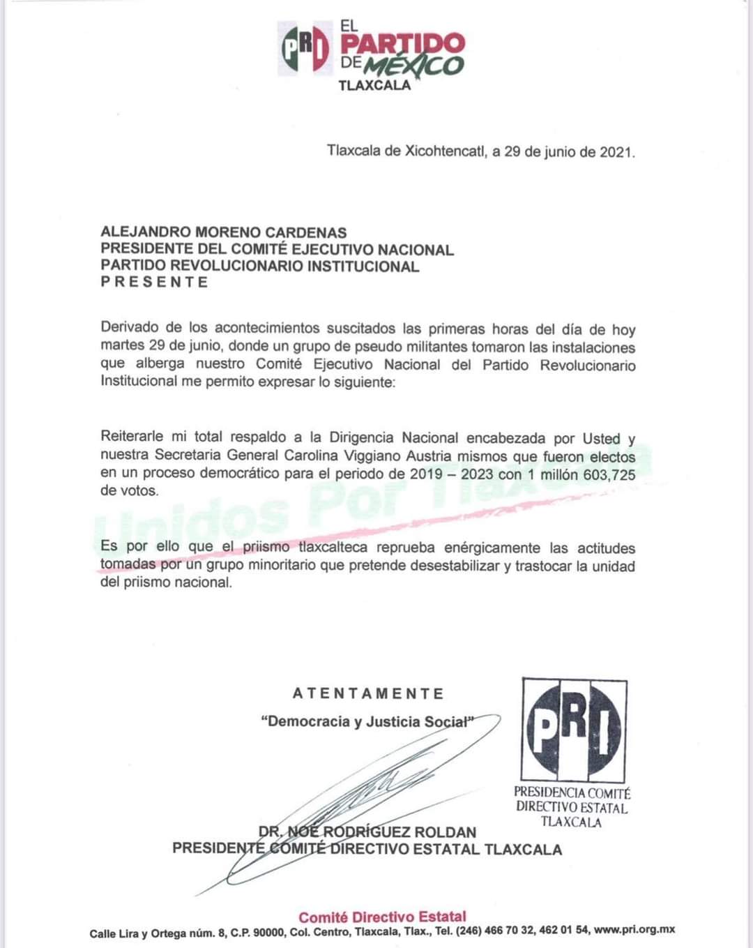 En Tlaxcala, PRI respalda a presidente nacional tras toma del CEN