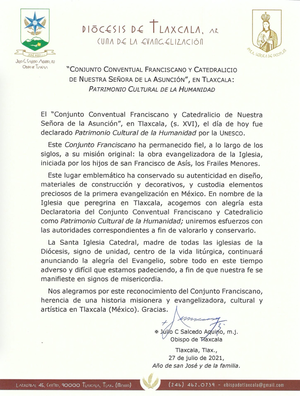 Va Diócesis de Tlaxcala por valoración y preservación de Ex convento de San Francisco 