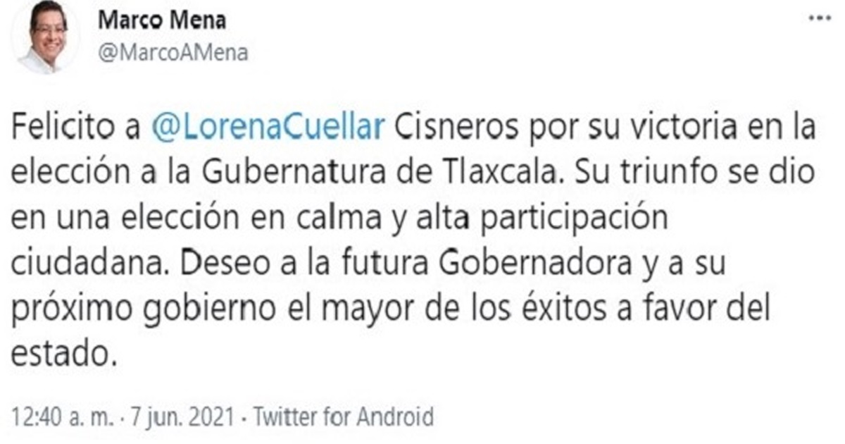 Marco Mena felicita a Lorena Cuéllar por su victoria en la elección para la Gubernatura de Tlaxcala