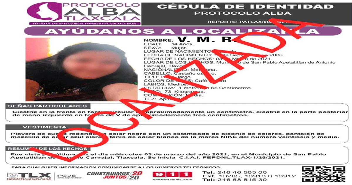 Ubica PGJE a menor reportada como extraviada en Tlaxcala 