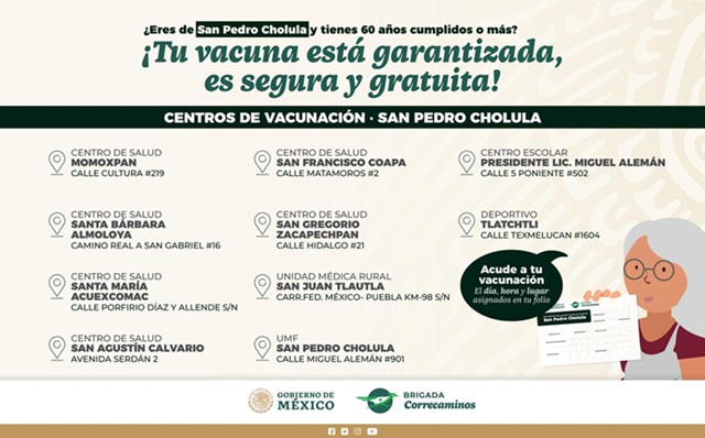 Habrá diez puntos de vacunación antiCovid-19 en San Pedro Cholula del 16 a 19 de marzo
