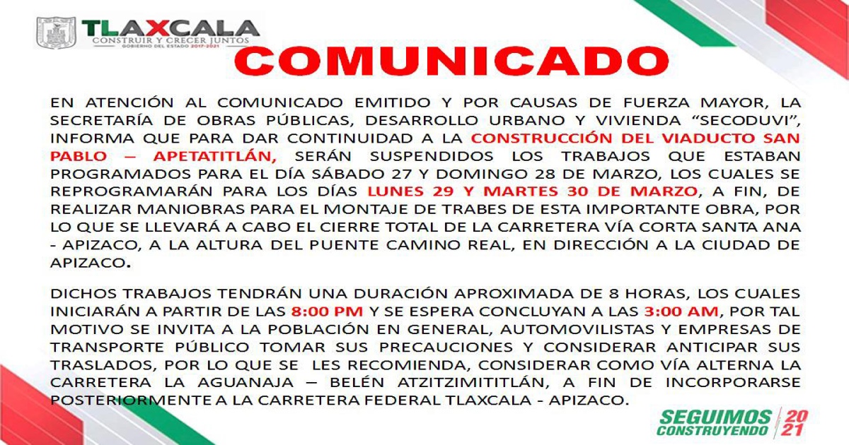 Reprograma SECODUVI colocación de trabes del viaducto san Pablo-Apetatitlán