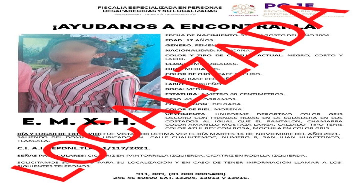 En menos de 24 horas localiza PGJE a menor reportada como extraviada en Huactzinco