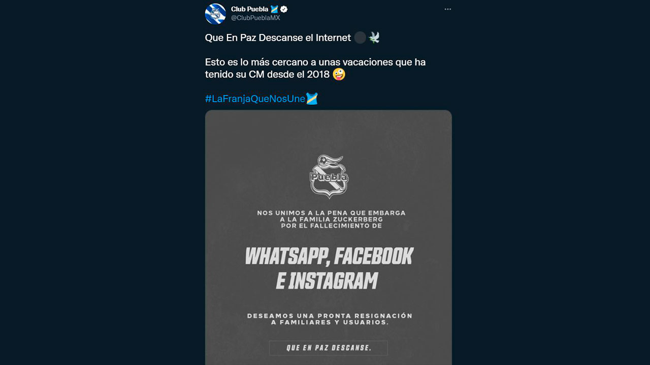 El Puebla le da el pésame a Facebook y WhatsApp tras su caída 