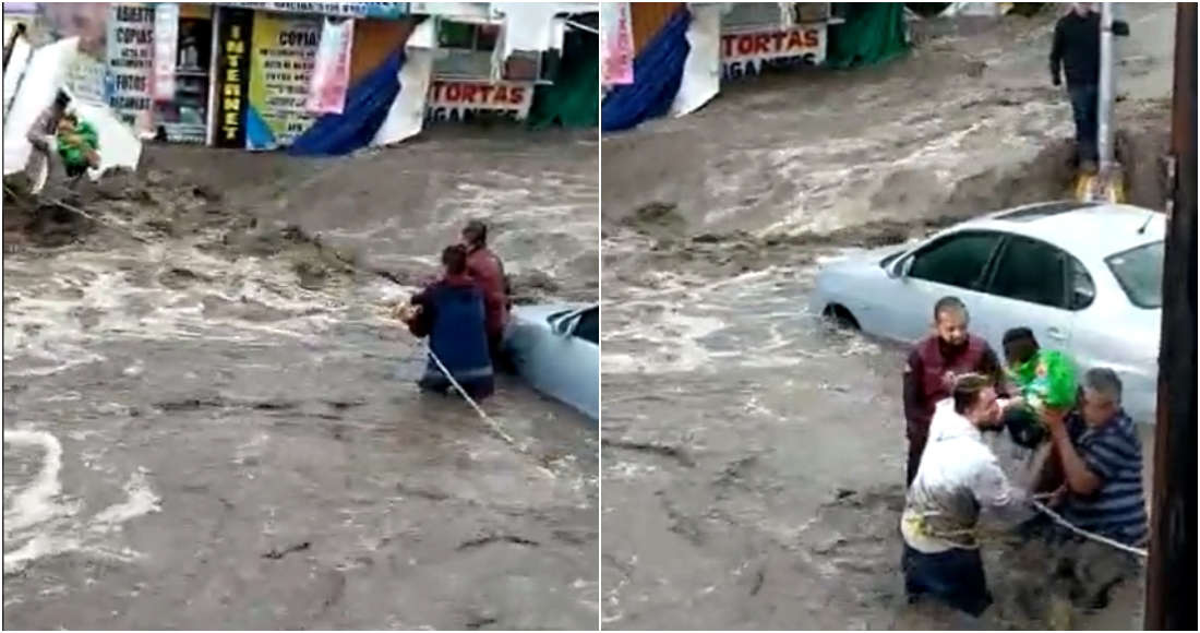 Hombres rescatan a un bebé en inundaciones en Ecatepec, Edomex; video