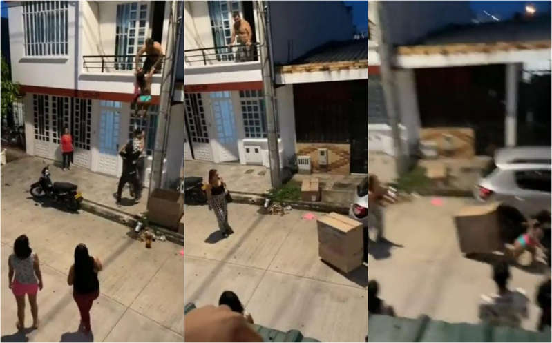 Mujer escapa por balcón para huir 'disfrazada' de caja; el vídeo se vuelve viral