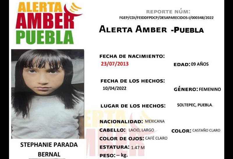 Se solicita de su apoyo para localizar a Stephanie de 9 años, vista por última vez en Soltepec