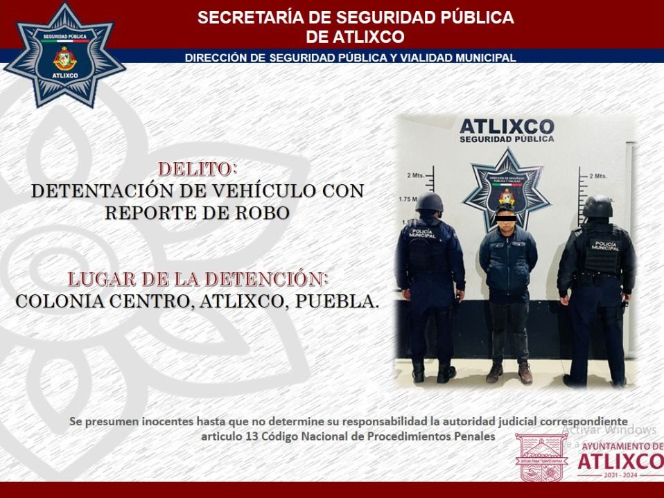 Recupera Seguridad Pública de Atlixco auto con reporte de robo