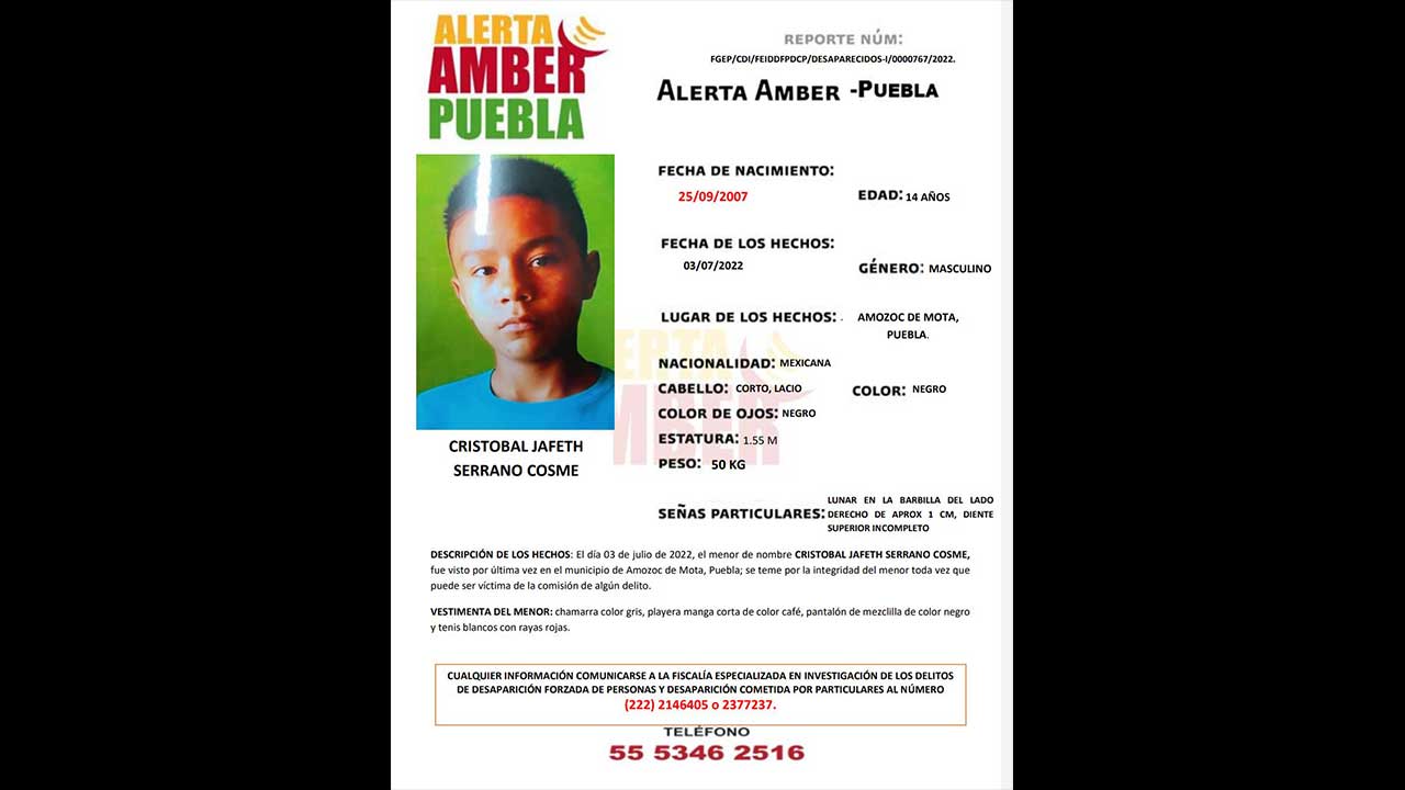 Buscan a Cristóbal de 14 años de edad, desapareció en Amozoc 