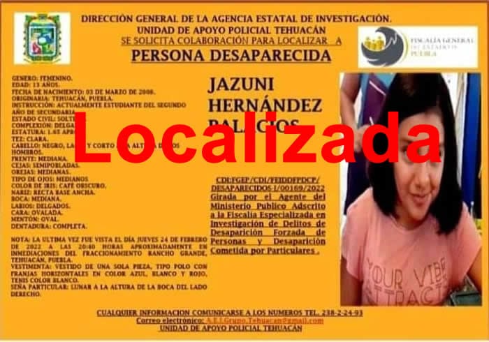 Chica desaparecida en Tehuacán, no fue secuestrada; huyó de casa por presunta violencia familiar
