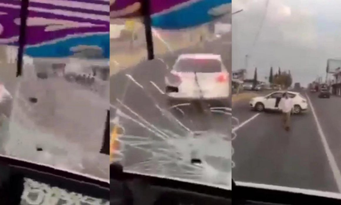 Automovilista se desquicia y lanza piedras a parabrisas de unidad de transporte público en Puebla