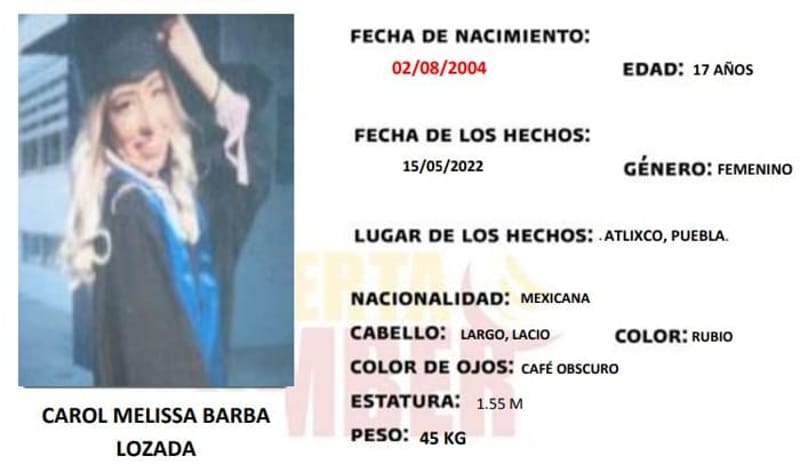 Melissa Barba desapareció en Atlixco, ayuda a que regrese a casa