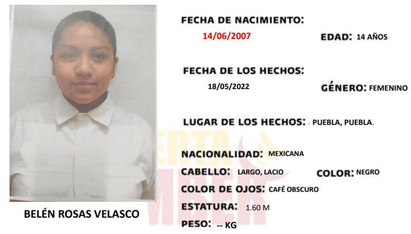 Se solicita de su apoyo para localizar a Belén Rosas, de 14 años, vista por última vez en la Colonia Centro, Puebla