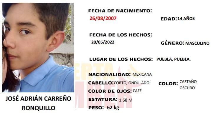 Se solicita de su apoyo para localizar a Adrián Carreño, de 14 años, visto por última vez en Puebla