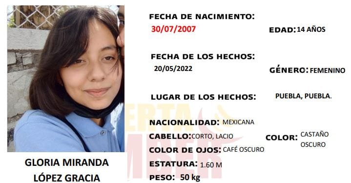 Se solicita de su apoyo para localizar a Miranda López, de 14 años, vista por última vez en Puebla