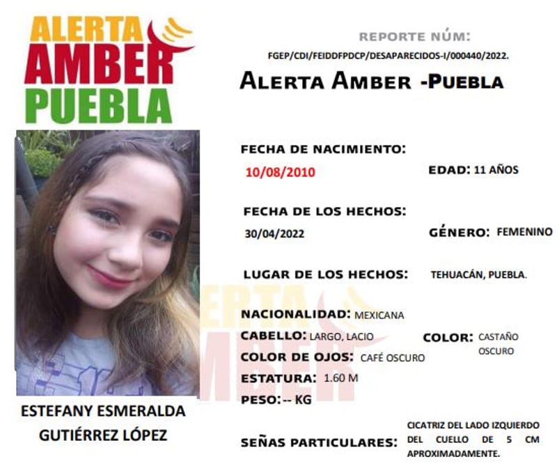 Se solicita de su apoyo para localizar a Estefany Esmeralda de 11 años, vista por última vez en Tehuacán