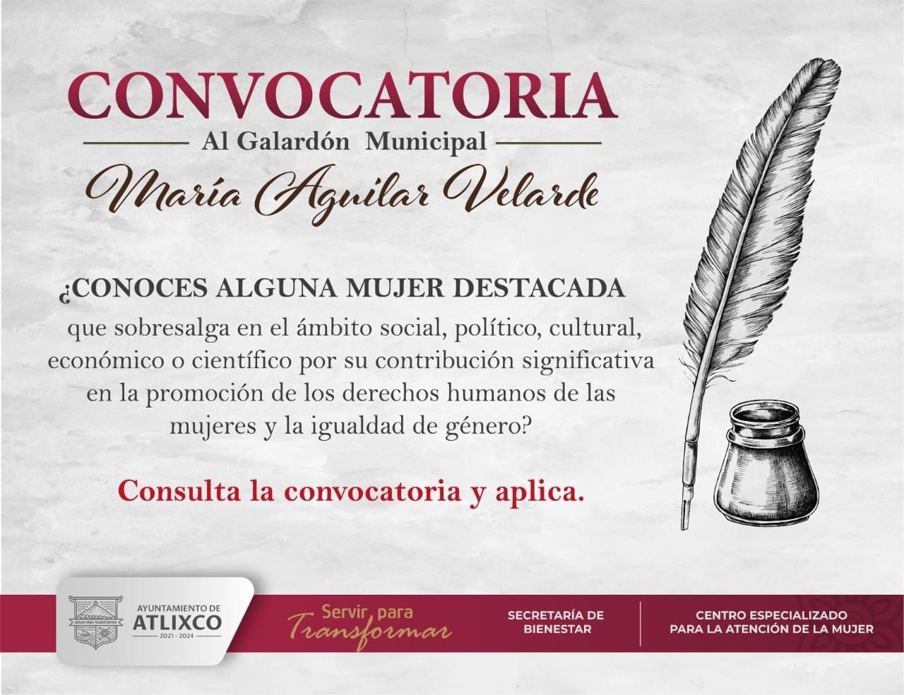 Atlixco otorgará galardón “María Aguilar Velarde” a mujer promotora de DD.HH. e igualdad de género; se abre convocatoria 