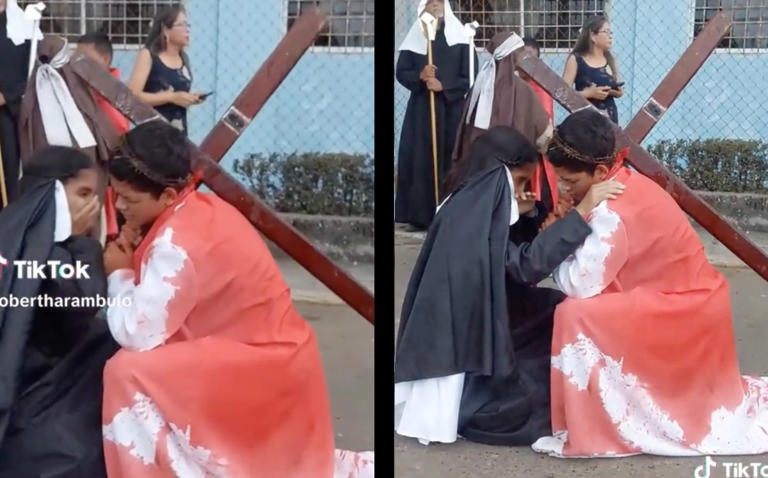 Actriz sufre golpe en la cara durante procesión de Semana Santa, reacción se hace viral (Vídeo)