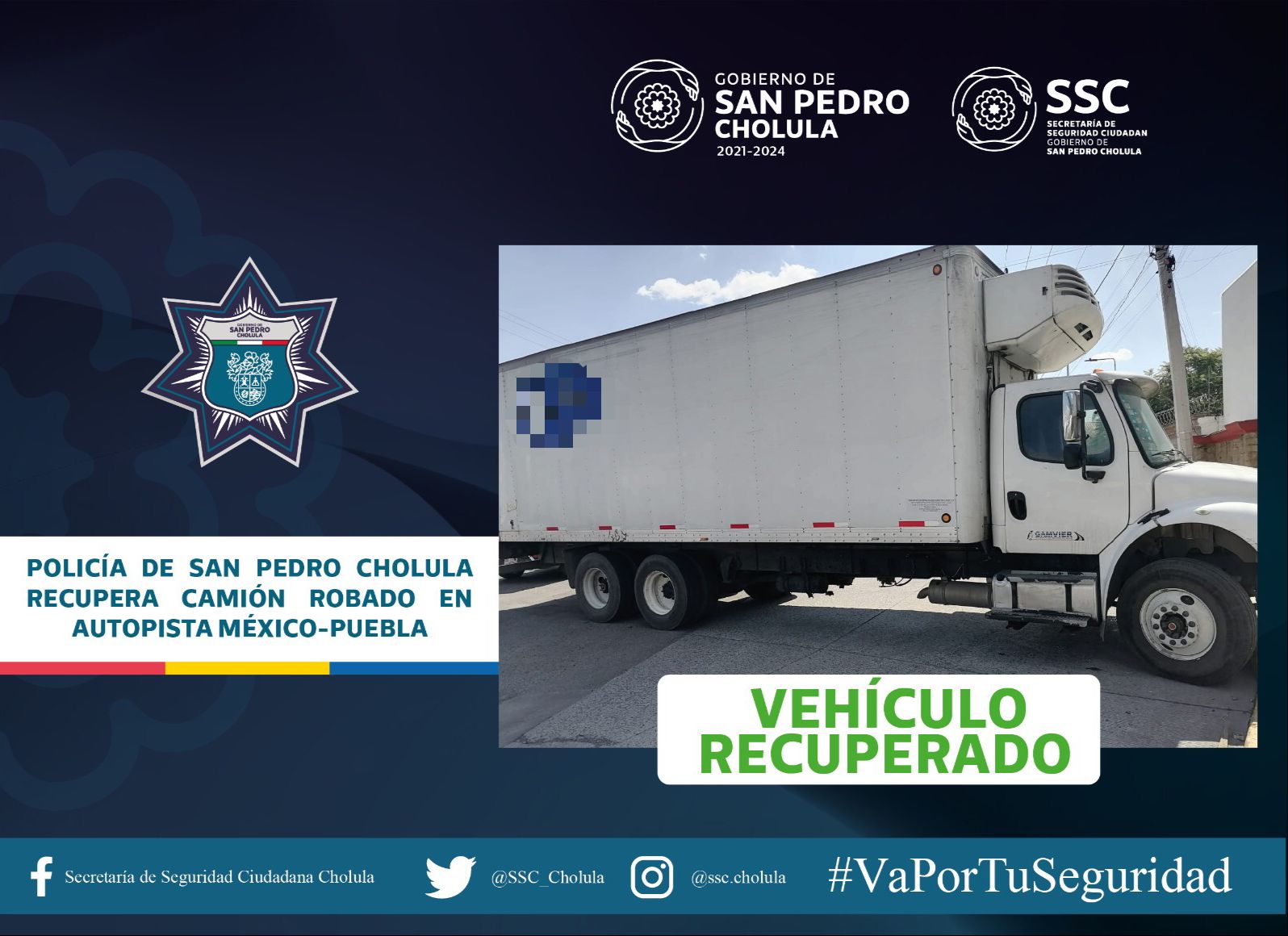 Policía de San Pedro Cholula recupera camión robado en autopista México-Puebla 