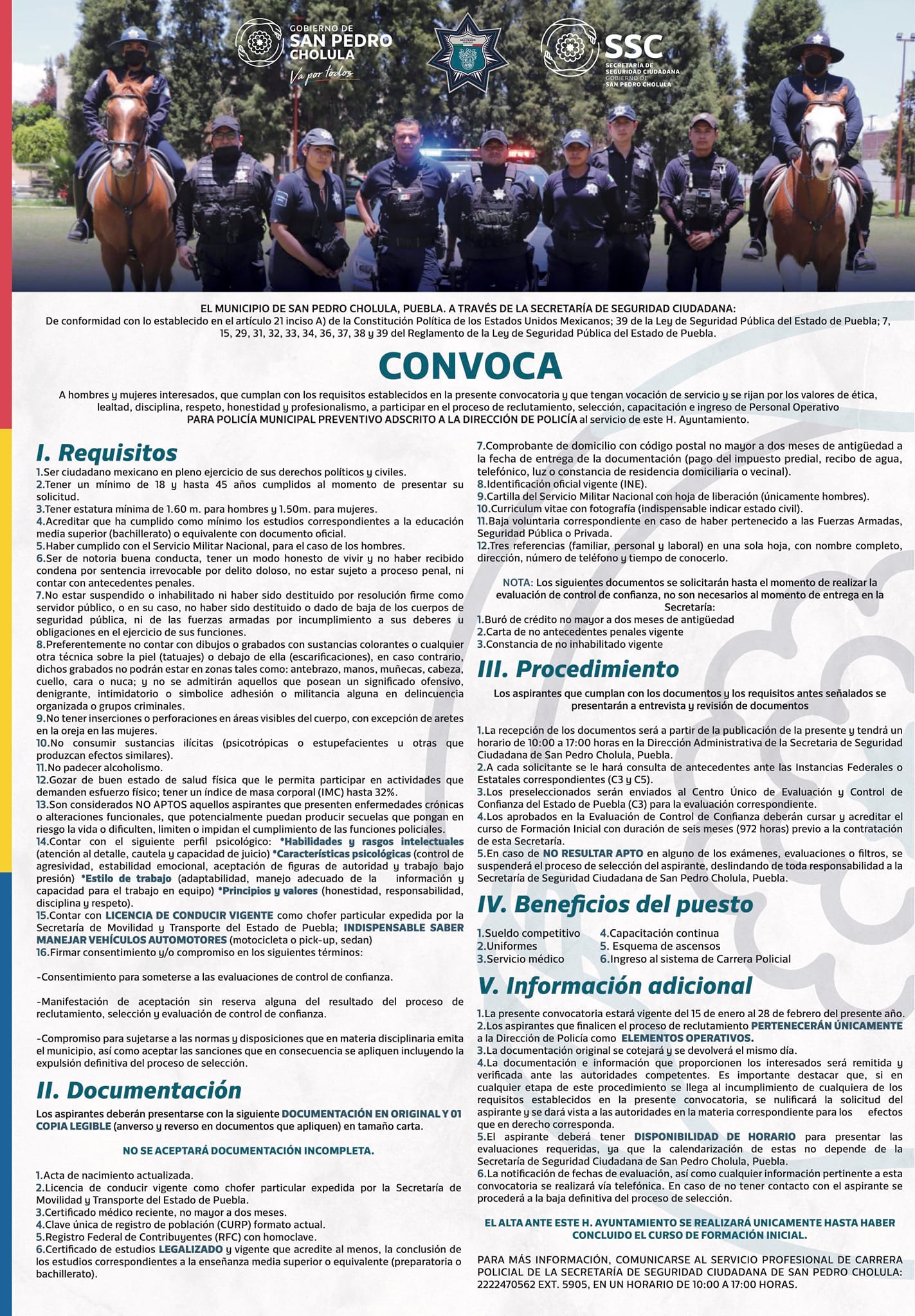Emite convocatoria SSC de San Pedro Cholula para integrar a su fuerza de seguridad a 35 nuevos policías