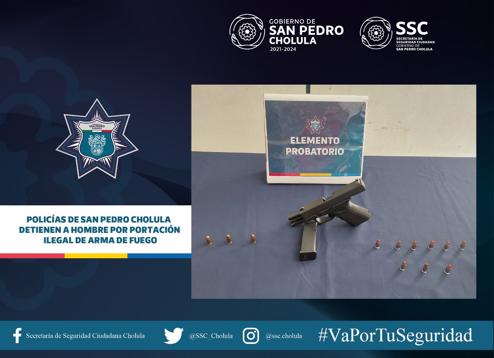 Policías de San Pedro Cholula detienen a hombre por portación ilegal de arma de fuego