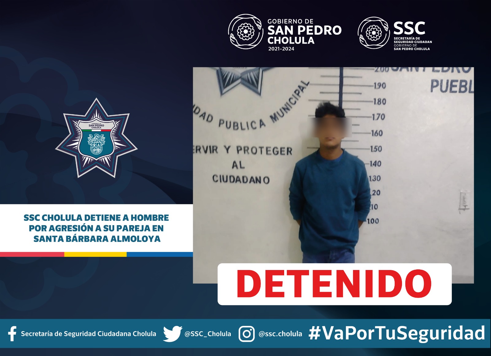 SSC Cholula detiene a hombre por agresión a su pareja en Santa Bárbara Almoloya