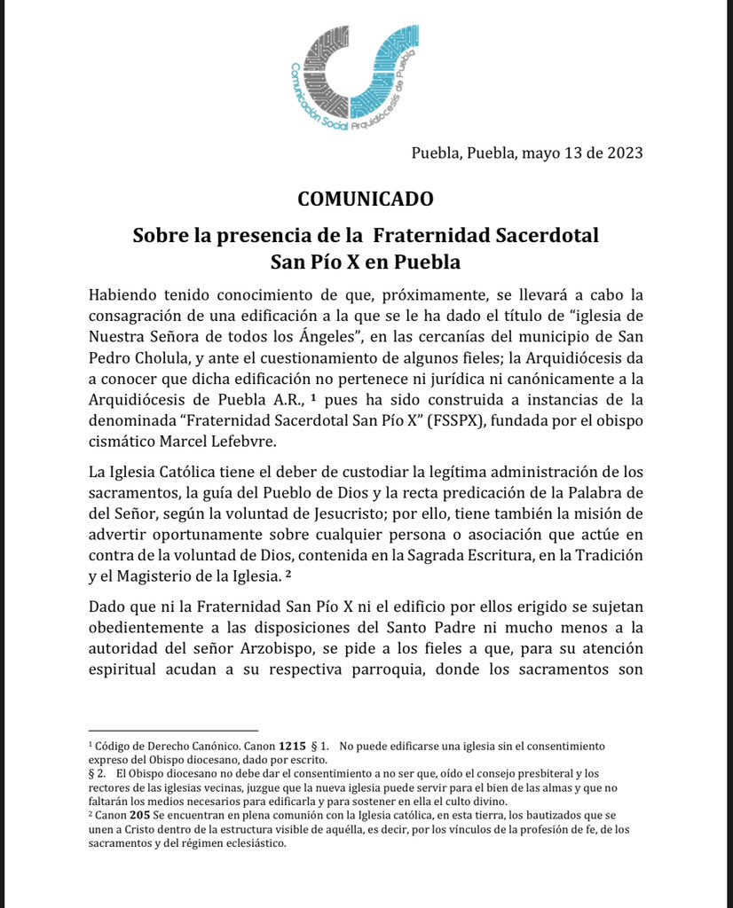 Iglesia de Nuestra Señora de Todos los Ángeles de SPCH no pertenece jurídica ni canónicamente a la Arquidiócesis de Puebla
